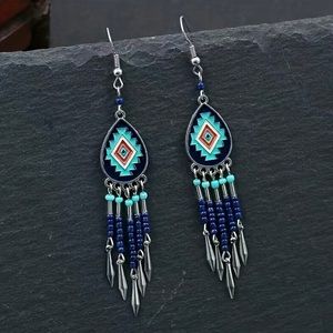 Bohemian Alloy Earrings Oval Hand-woven Rice Beads Tassel Earrings *Faux Fashion